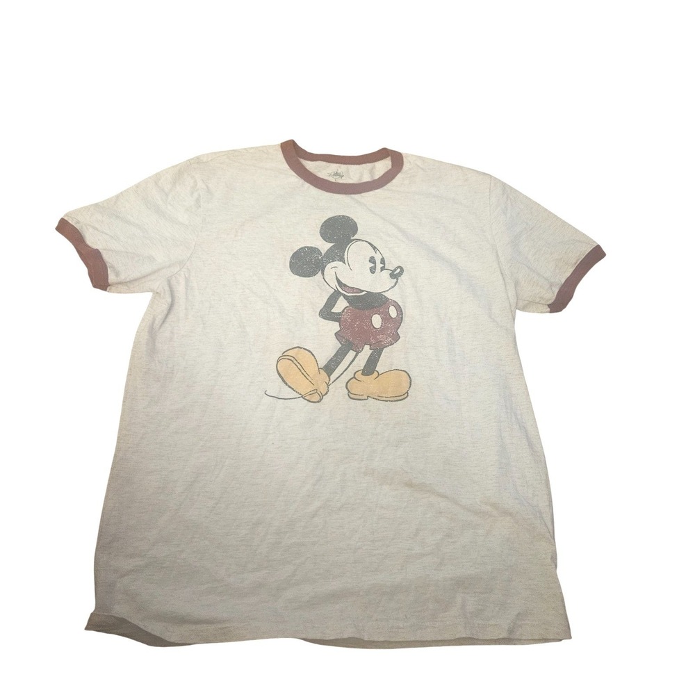 Disney Mickey Mouse Ringer Tee Heather Gray Distressed Vintage Style‎ Shirt XL